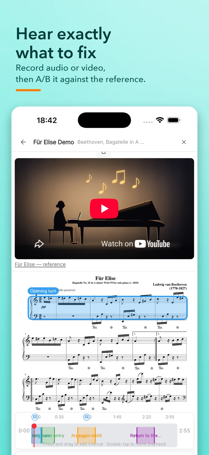 Match Play on iPhone: a reference video above the score, with highlighted passages and the practice timeline