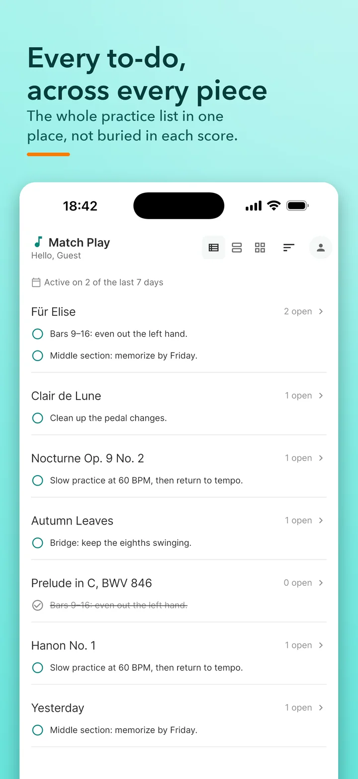 The Match Play To-Do tab listing practice items from every piece
