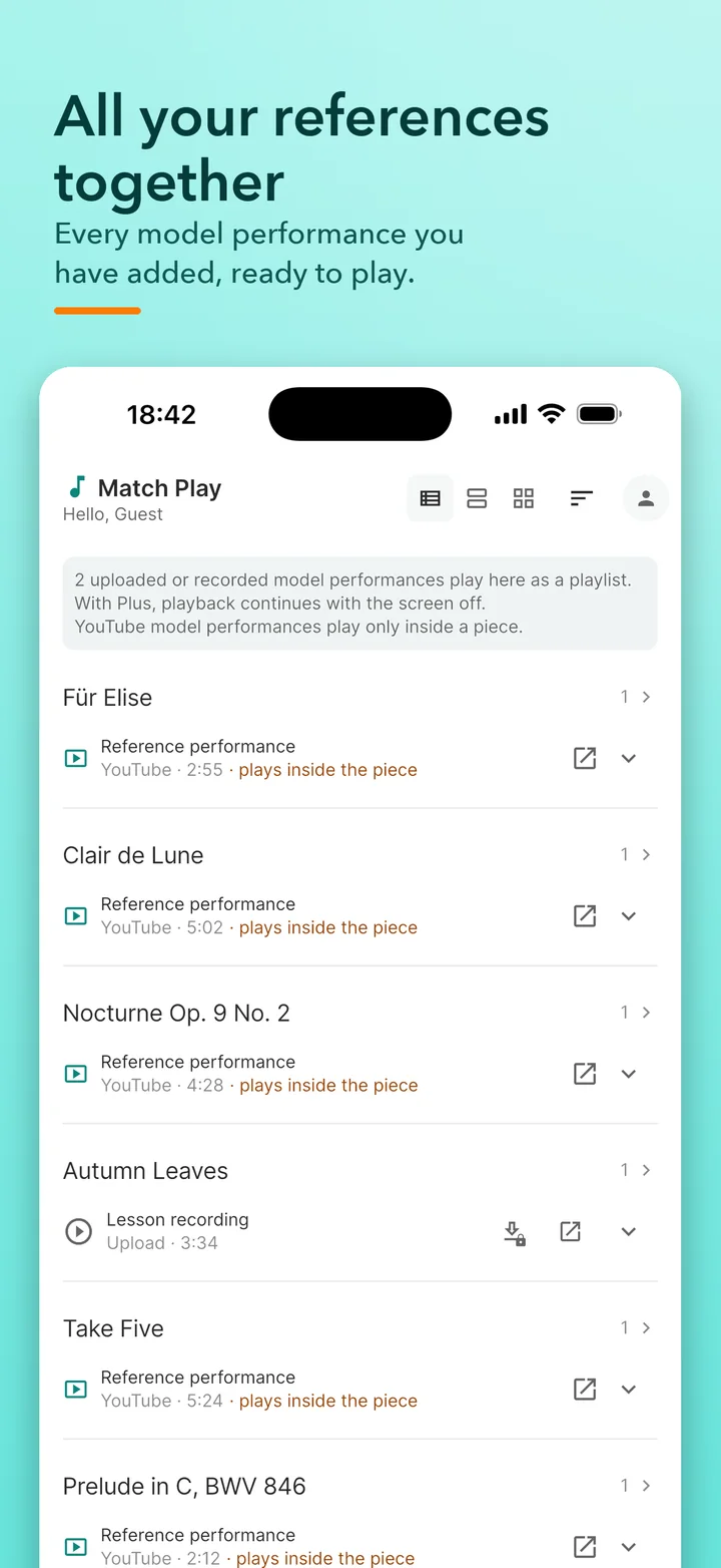 The Match Play Model Performances tab listing reference recordings for each piece