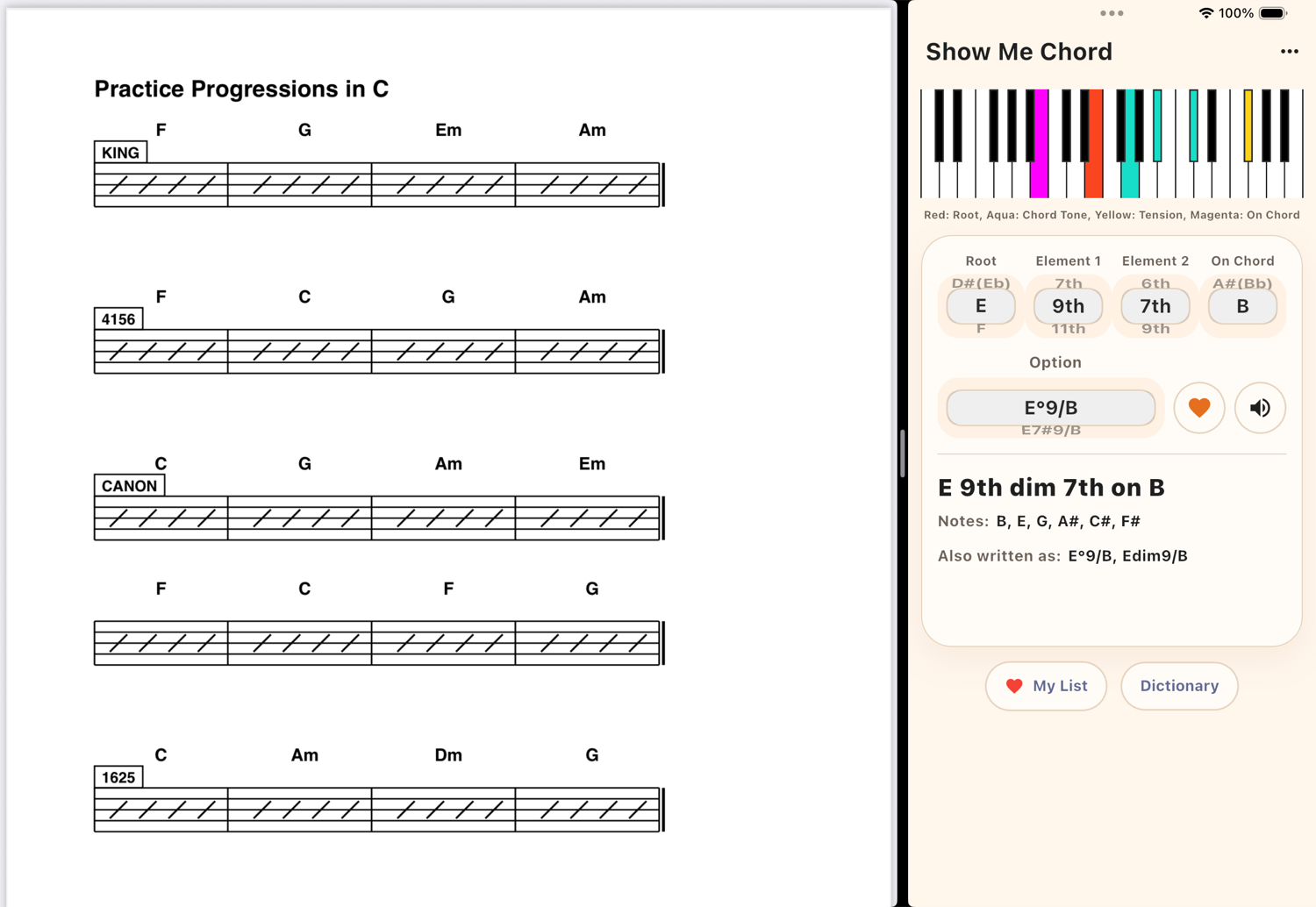 Show Me Chord in iPad Split View beside a score