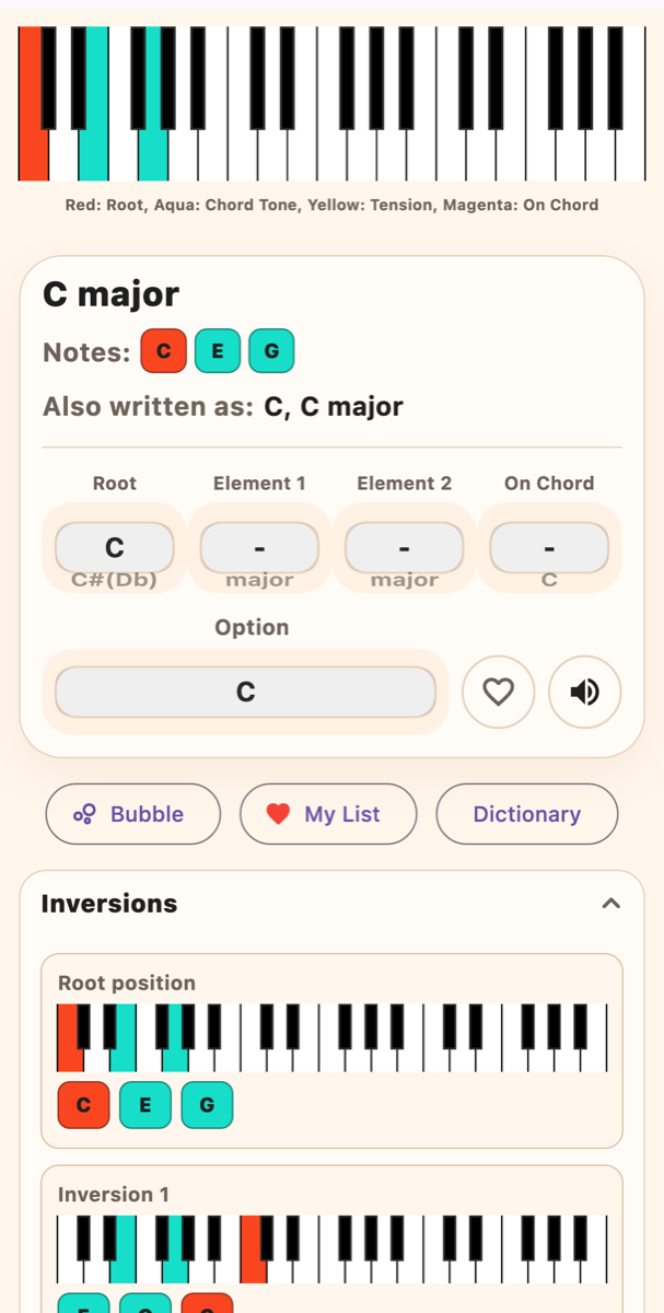 Show Me Chord search screen showing a piano chord shape